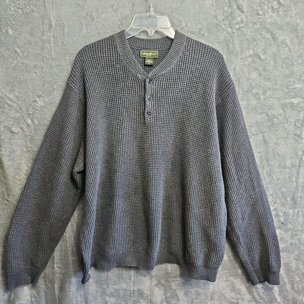 Eddie Bauer Men's Sz XL Henley Cotton Gray Waffle pullover sweater